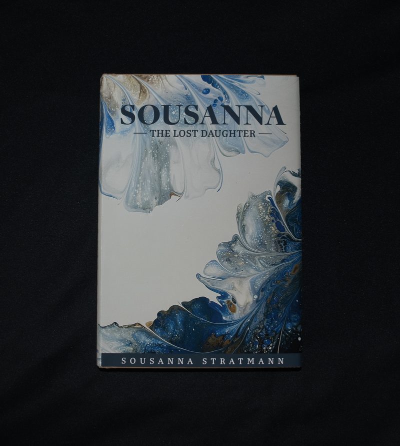 Sousanna: The Lost Daughter — book cover design with marbled texture and contemporary typography